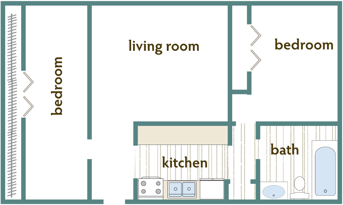 Floor plan for 2 beds, 1 bath, 880 sqft